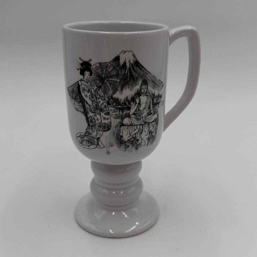 1965 Kaysons Ironstone Footed Mug Japanese Scene Mt Fuji Pedestal‎ Cup Japan